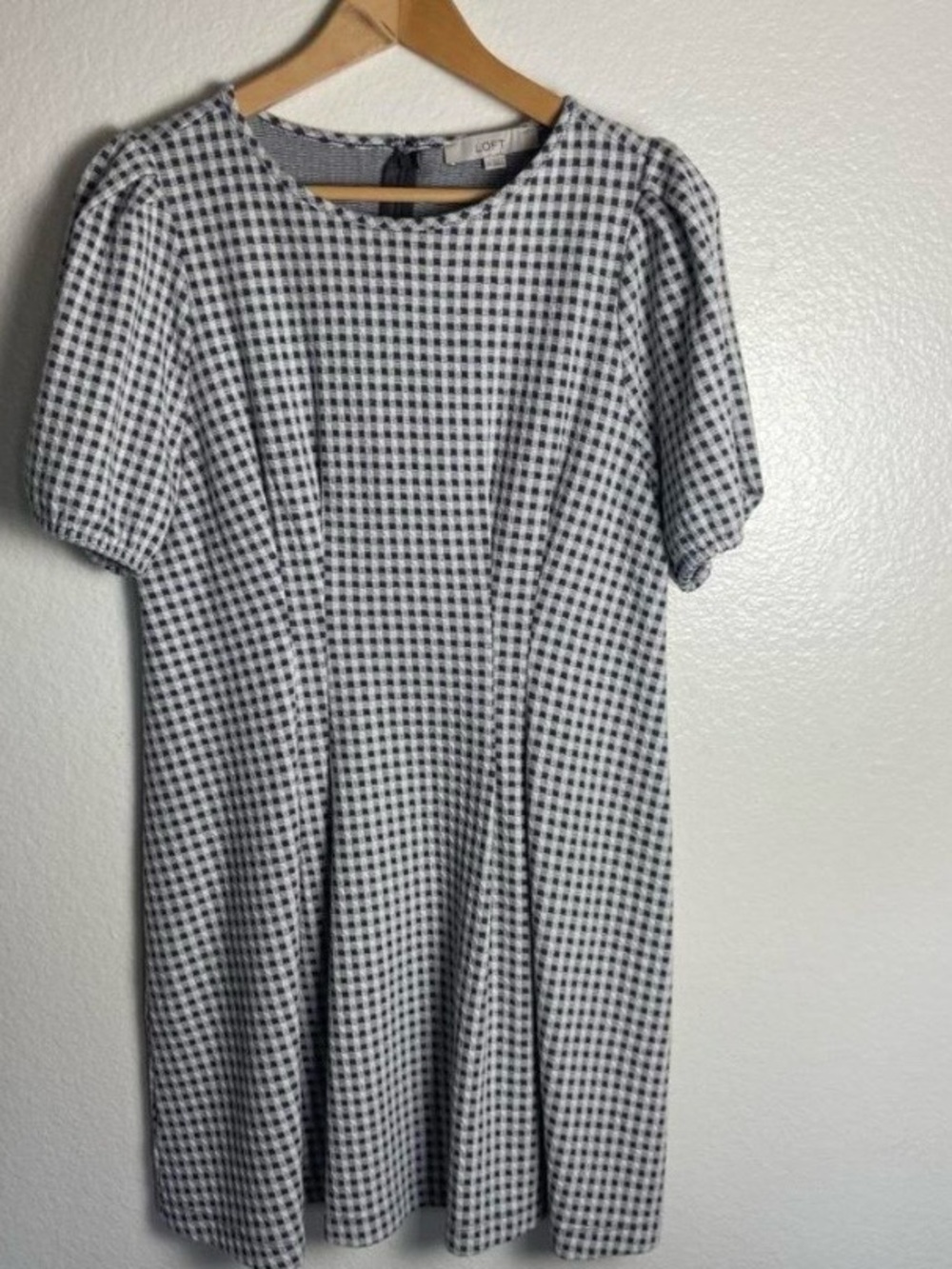LOFT Black and White Gingham Short Sleeve Midi Dress